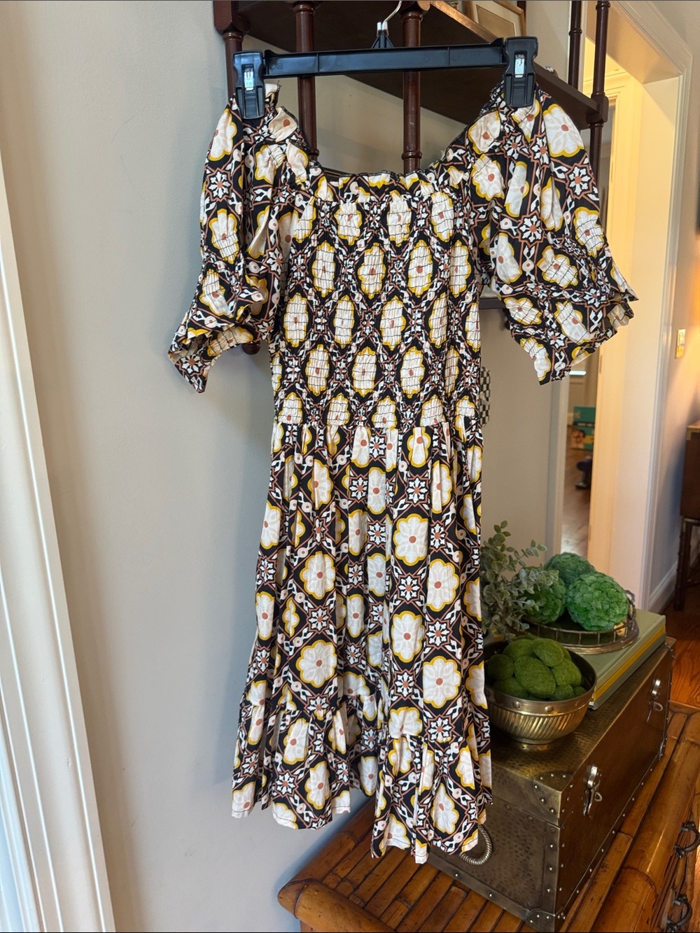 Off-Shoulder Smocked Midi Dress in Brown and Cream